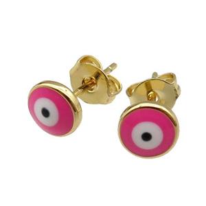 copper Evil Eye Stud Earring pink enamel gold plated, approx 6mm