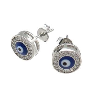 copper Evil Eye Stud Earring pave zircon blue enamel platinum plated, approx 8.5mm