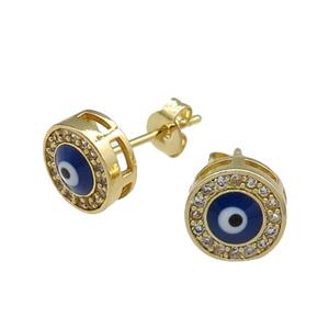 copper Evil Eye Stud Earring pave zircon blue enamel gold plated, approx 8.5mm