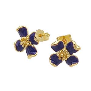 copper Flower Stud Earring with royalblue enamel gold plated, approx 12mm