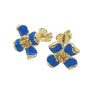 copper Flower Stud Earring with blue enamel gold plated, approx 12mm