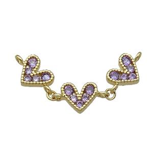 Copper Heart Link Pendant Pave Purple Zircon Gold plated, approx 8-9mm, 35mm