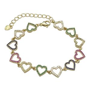 Copper Heart Bracelet Pave Multicolor Zircon Gold Plated, approx 9.5mm, 15-21cm length