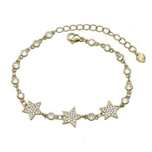 Copper Star Bracelet Pave Zircon Gold Plated, approx 4mm, 11mm, 16-21cm length