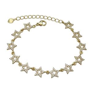 Copper Star Bracelet Pave Zircon Gold Plated, approx 10mm, 16-21cm length