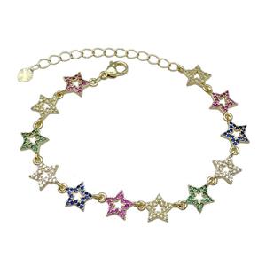 Copper Star Bracelet Pave Multicolor Zircon Gold Plated, approx 10mm, 16-21cm length