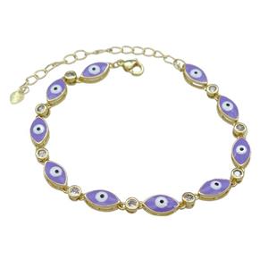 Copper Lavender Enamel Evil Eye Bracelet Pave Zircon Gold Plated, approx 6.5-12mm, 18-25cm length