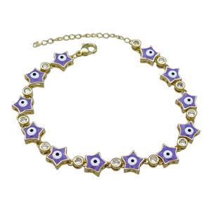 Copper Star Lavender Enamel Evil Eye Bracelet Pave Zircon Gold Plated, approx 9.5mm, 18-25cm length