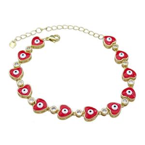 Copper Heart Red Enamel Evil Eye Bracelet Pave Zircon Gold Plated, approx 9.5mm, 18-25cm length