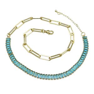 Copper Necklace Pave Aqua Zircon Gold Plated, approx 6mm, 5-15.5mm, 41-45cm length
