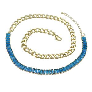 Copper Necklace Pave Blue Zircon Gold Plated, approx 6mm, 6.5-8.5mm, 41-45cm length