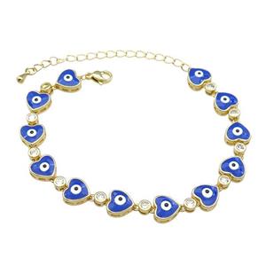 Copper Heart Bracelet Evil Eye Blue Enamel Gold Plated, approx 9.5mm, 18-25cm length