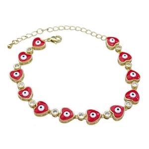 Copper Heart Bracelet Evil Eye Red Enamel Gold Plated, approx 9.5mm, 18-25cm length