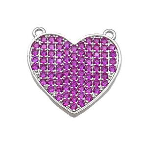 Copper Heart Pendant Pave Hotpink Zircon With 2loops Platinum Plated, approx 19mm