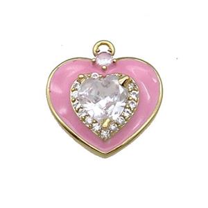 Copper Heart Pendant Pave Zircon Pink Enamel Gold Plated, approx 17mm