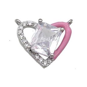 Copper Heart Pendant Pave Zircon Pink Enamel Platinum Plated, approx 15-17.5mm