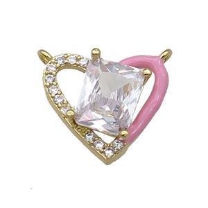 Copper Heart Pendant Pave Zircon Pink Enamel Gold Plated, approx 15-17.5mm