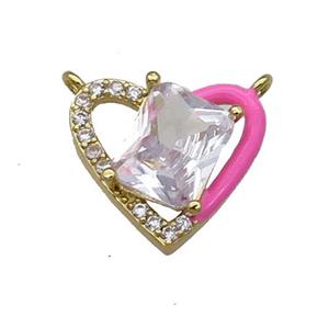 Copper Heart Pendant Pave Zircon Hotpink Enamel Gold Plated, approx 15-17.5mm