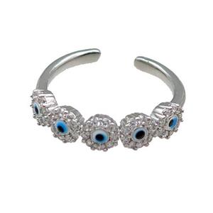 Copper Ring Pave Zircon White Enamel Evil Eye Platinum Plated, approx 5mm, 18mm dia