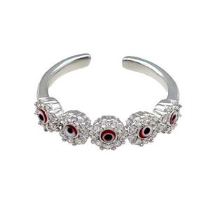 Copper Ring Pave Zircon Red Enamel Evil Eye Platinum Plated, approx 5mm, 18mm dia