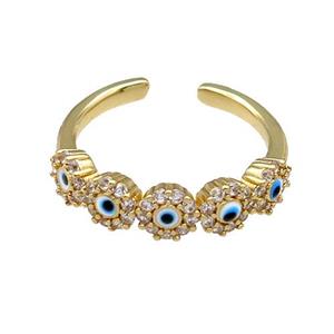 Copper Ring Pave Zircon White Enamel Evil Eye Gold Plated, approx 5mm, 18mm dia