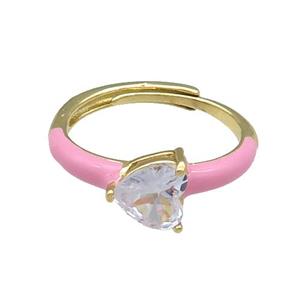 Copper Ring Heart Pink Enamel Adjustable Gold Plated, approx 7mm, 18mm dia