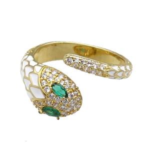 Copper Snake Ring Pave Zircon White Enamel Gold Plated, approx 9.5mm, 18mm dia