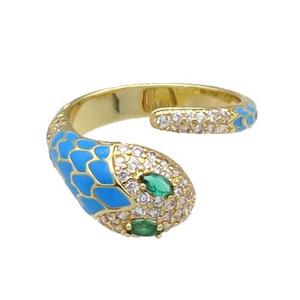 Copper Snake Ring Pave Zircon Blue Enamel Gold Plated, approx 9.5mm, 18mm dia