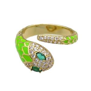 Copper Snake Ring Pave Zircon Green Enamel Gold Plated, approx 9.5mm, 18mm dia