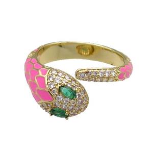 Copper Snake Ring Pave Zircon Pink Enamel Gold Plated, approx 9.5mm, 18mm dia