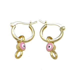 Copper Latchback Earring With Pink Enamel Evil Eye Gold Plated, approx 6-16mm, 15mm