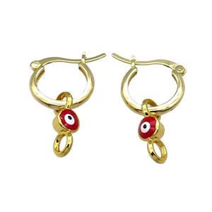 Copper Latchback Earring With Red Enamel Evil Eye Gold Plated, approx 6-16mm, 15mm