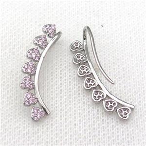 Copper Hook Earring Pave Pink Zircon Heart Platinum Plated, approx 30mm