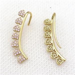 Copper Hook Earring Pave Zircon Heart Gold Plated, approx 30mm