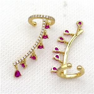 Copper Clip Earring Pave Hotpink Zircon Gold Plated, approx 4mm, 14.5mm, 30mm