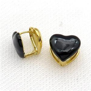 Copper Latchback Earring Black Enamel Heart Gold Plated, approx 13mm