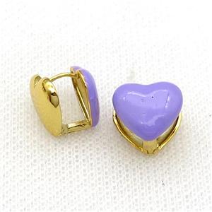 Copper Latchback Earring Lavender Enamel Heart Gold Plated, approx 13mm