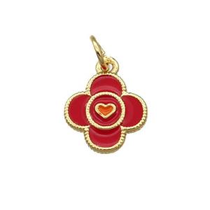 Copper Clover Pendant Red Enamel Gold Plated, approx 10mm