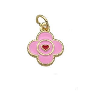 Copper Clover Pendant Pink Enamel Gold Plated, approx 10mm