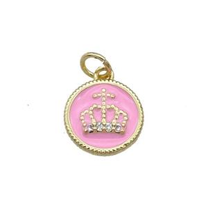 Copper Circle Crown Pendant Pink Enamel Gold Plated, approx 11.5mm dia
