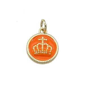 Copper Circle Crown Pendant Orange Enamel Gold Plated, approx 11.5mm dia