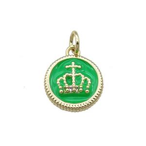 Copper Circle Crown Pendant Green Enamel Gold Plated, approx 11.5mm dia