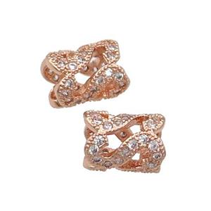 Copper Tube Beads Pave Zircon Large Hole Rose Gold, approx 6.5-9mm, 4mm hole