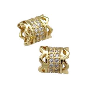 Copper Tube Beads Pave Zircon Large Hole Gold Plated, approx 7-8mm, 4mm hole