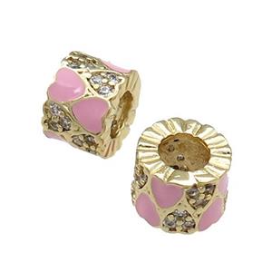 Copper Tube Beads Pave Zircon Pink Enamel Large Hole Gold Plated, approx 9mm, 4mm hole