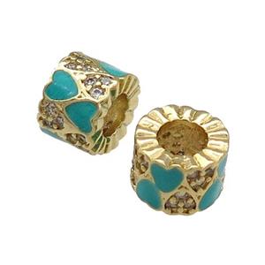 Copper Tube Beads Pave Zircon Green Enamel Large Hole Gold Plated, approx 9mm, 4mm hole