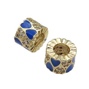 Copper Tube Beads Pave Zircon Blue Enamel Large Hole Gold Plated, approx 9mm, 4mm hole