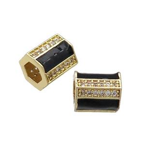 Copper Tube Beads Pave Zircon Black Enamel Large Hole Gold Plated, approx 7-8mm, 2.5mm hole