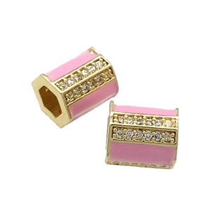 Copper Tube Beads Pave Zircon Pink Enamel Large Hole Gold Plated, approx 7-8mm, 2.5mm hole