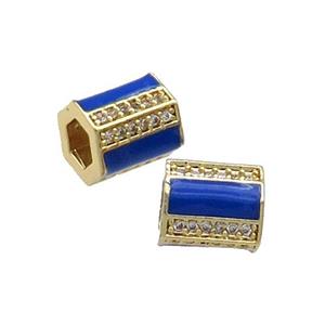 Copper Tube Beads Pave Zircon Blue Enamel Large Hole Gold Plated, approx 7-8mm, 2.5mm hole